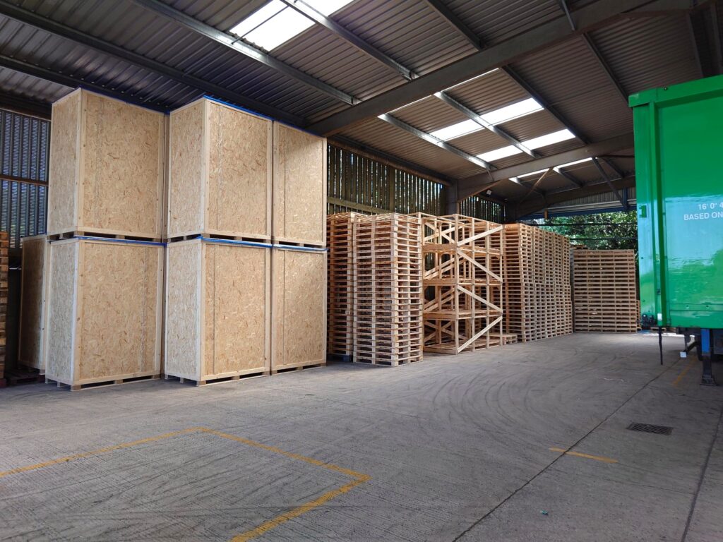 Framed OSB crates stacked in the APS loading bay