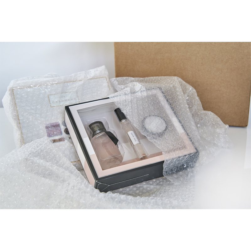 Bubble wrap cushioning products inside a cardboard box