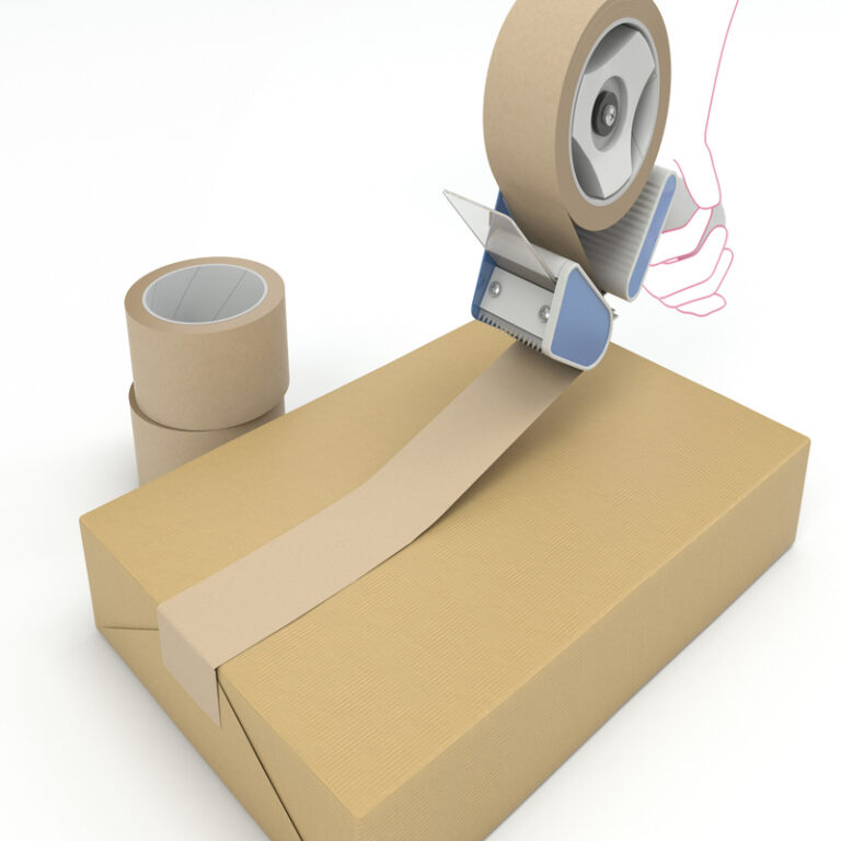 Kraft paper packaging tape being applied to a cardboard box with a hand dispenser