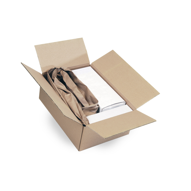 Open carton filled with paper void fill